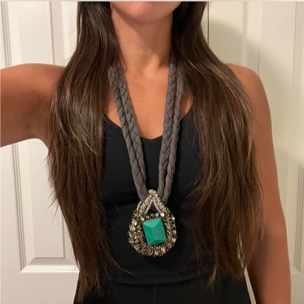 Statement Turquoise Pendant Necklace with Braided Gray Cord